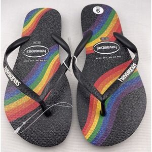HAVAIANAS SLIM PRIDE FLIP FLOPS BLACK/RAINBOW 37-38 WOMENS 6‎ MENS 5 New
